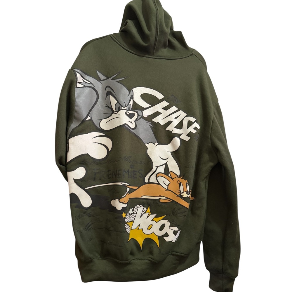 Tom and Jerry Frenemies Hoodie Olive Green Graphic Sweatshirt Mens Sz S RN 82628